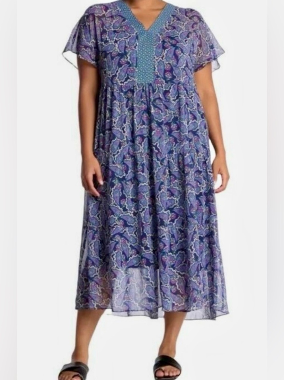 London Times Blue-Purple Paisley Tiered Midi Dress EUC
